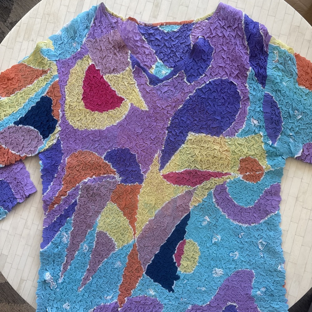 True Vintage 80s 90s Abstract Colorful Popcorn Blouse Top Sz M Artsy Semi-Sheer - Picture 5 of 8